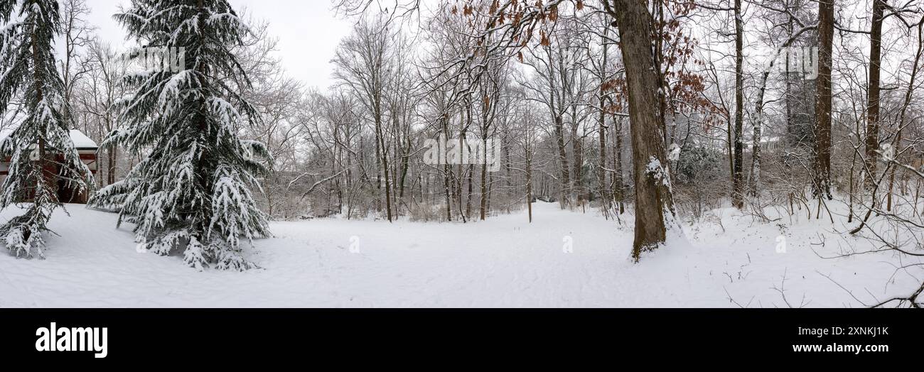 Rock Spring Park Winter Snow Landscape Arlington Virginia // ARLINGTON, Virginia - Una vista panoramica ad alta risoluzione cattura il paesaggio invernale innevato del Rock Spring Park, un santuario alberato di due ettari che conserva un corridoio storicamente significativo dove i sentieri di pesca dei nativi americani un tempo collegavano i villaggi dell'entroterra alla pesca sul fiume Potomac. Situato al 5012 di Little Falls Road, il parco prende il nome dalle sorgenti naturali che storicamente emersero dal terreno roccioso della zona. Il parco si trova alle sorgenti di Four Mile Run, mentre Little Pimmit Run scorre attraverso il terreno del parco Foto Stock