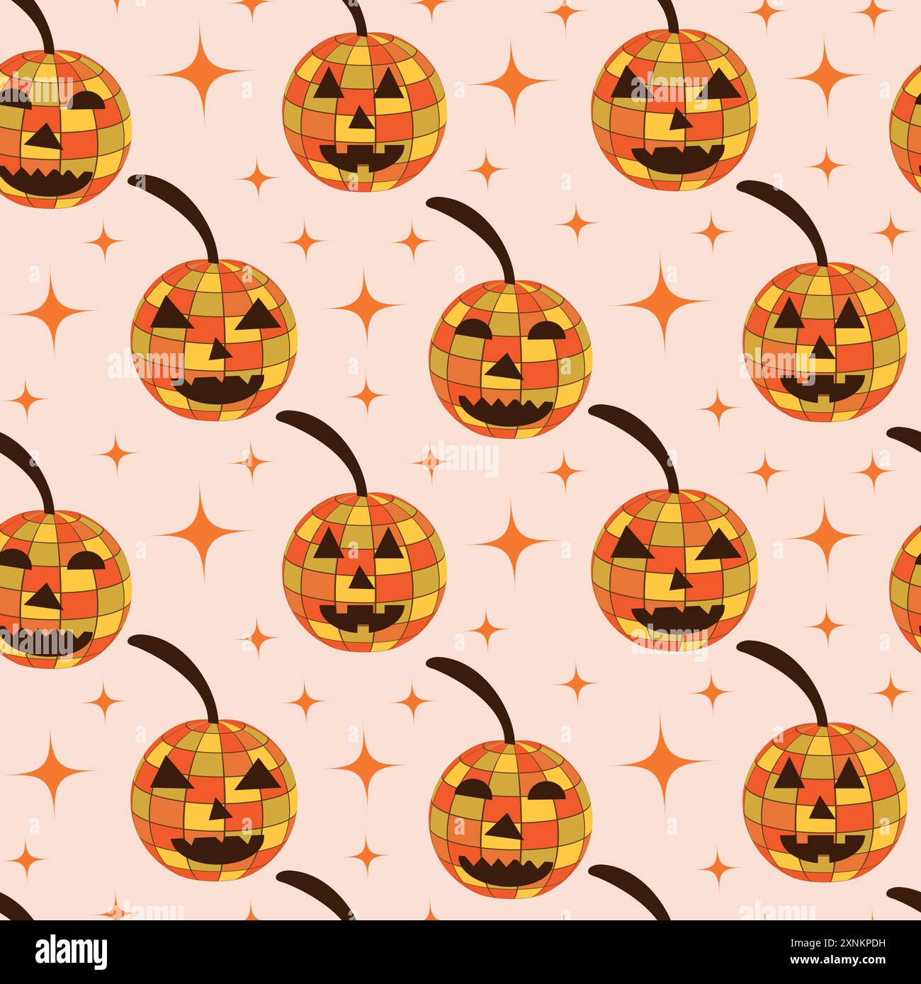 Zucche da discoteca di Halloween con motivo senza cuciture e stelle arancioni. Per decorazioni di Halloween, tessuti e tessuti Illustrazione Vettoriale