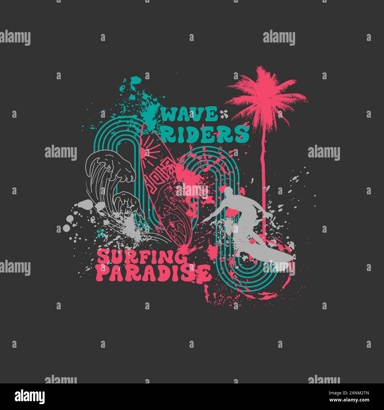 Surf Paradise Wave rider Splatter Typography Summer surf design Illustrazione Vettoriale