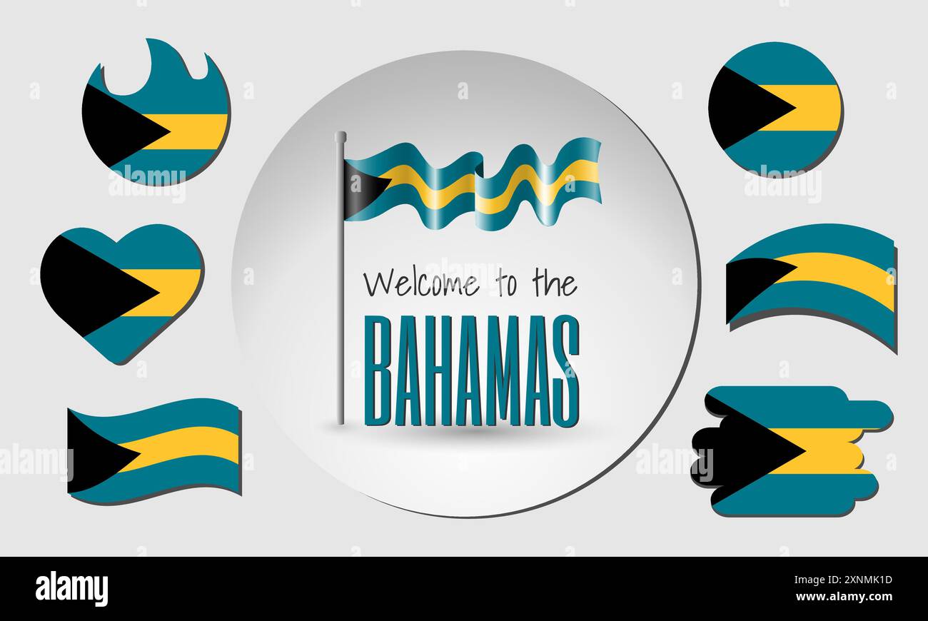 Sventolando la bandiera delle Bahamas in vettore con l'iscrizione benvenuto alle Bahamas! Diverse versioni della bandiera a forma di cuore, cerchio, arco, Illustrazione Vettoriale