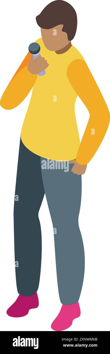 Il giovane è in piedi e canta, tenendo un microfono in mano Illustrazione Vettoriale