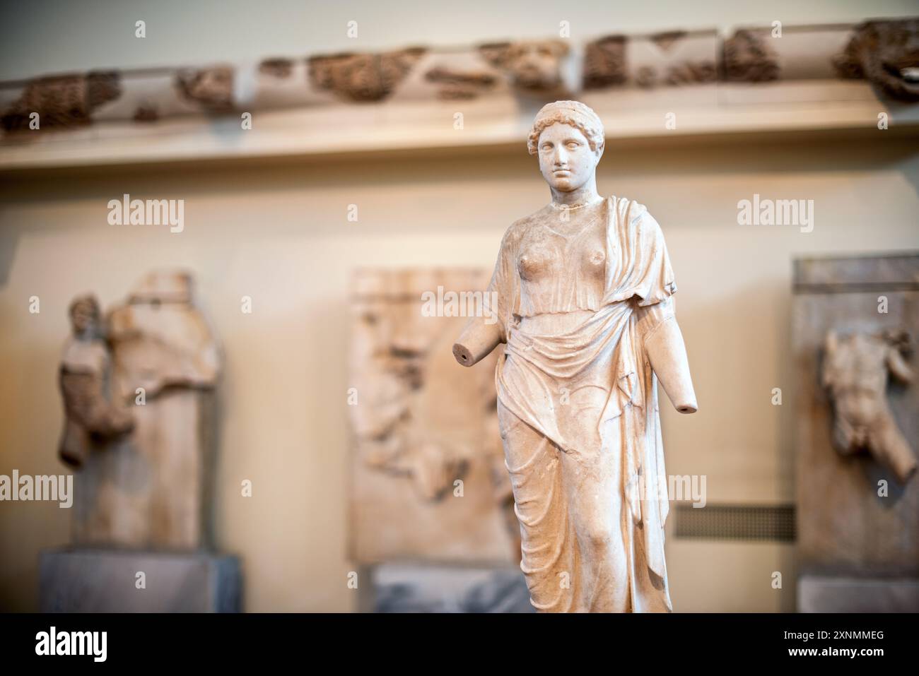 Museo Archeologico Nazionale Scultura Atene Grecia // ATENE, Grecia — il Museo Archeologico Nazionale di Atene ospita una vasta gamma di sculture e statue, che rappresentano alcuni dei più bei esempi di arte greca antica. La collezione del museo copre diversi periodi storici, tra cui l'era arcaica, classica ed ellenistica, che mostrano l'evoluzione della scultura greca nel corso dei secoli. I visitatori possono ammirare opere iconiche come l'Afrodite di Arles e le statue di Kouros, che riflettono l'eccellenza artistica e il patrimonio culturale dell'antica Grecia. Foto Stock