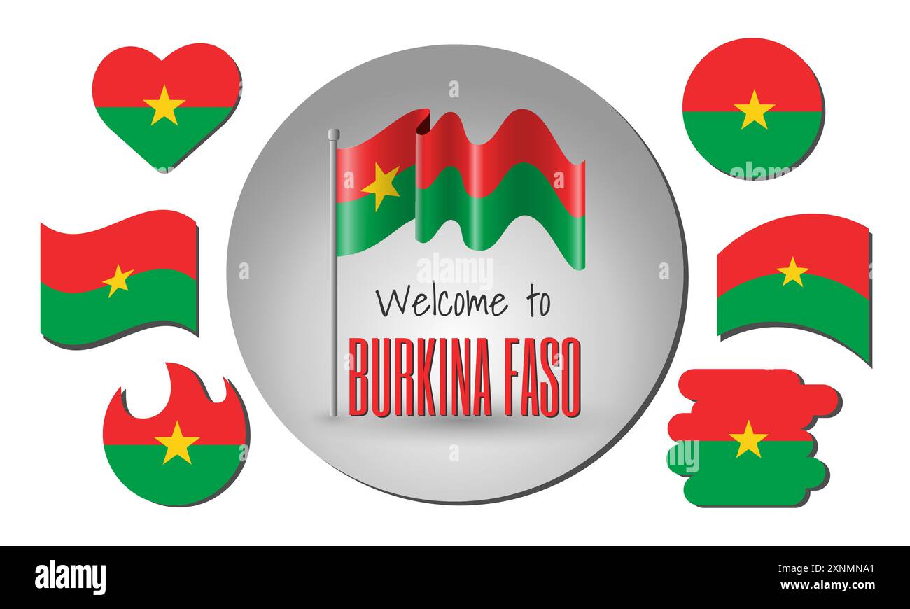 Sventolando la bandiera del Burkina Faso in vettore con l'iscrizione Benvenuti in Burkina Faso! Diverse versioni della bandiera a forma di cuore, cerchio, ar Illustrazione Vettoriale