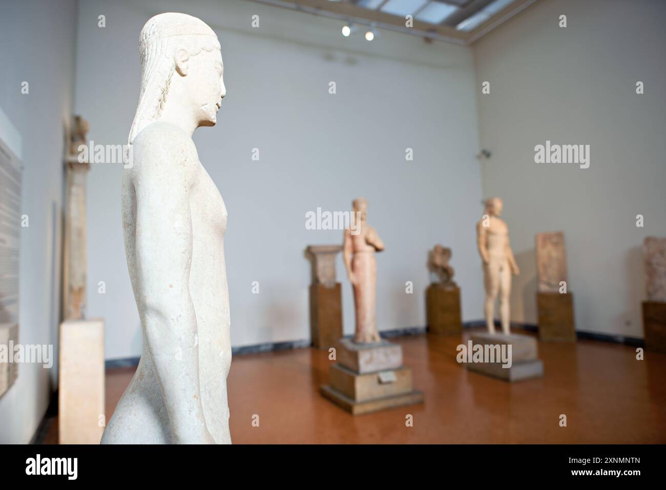 Museo Archeologico Nazionale Scultura Atene Grecia // ATENE, Grecia — il Museo Archeologico Nazionale di Atene ospita una vasta gamma di sculture e statue, che rappresentano alcuni dei più bei esempi di arte greca antica. La collezione del museo copre diversi periodi storici, tra cui l'era arcaica, classica ed ellenistica, che mostrano l'evoluzione della scultura greca nel corso dei secoli. I visitatori possono ammirare opere iconiche come l'Afrodite di Arles e le statue di Kouros, che riflettono l'eccellenza artistica e il patrimonio culturale dell'antica Grecia. Foto Stock