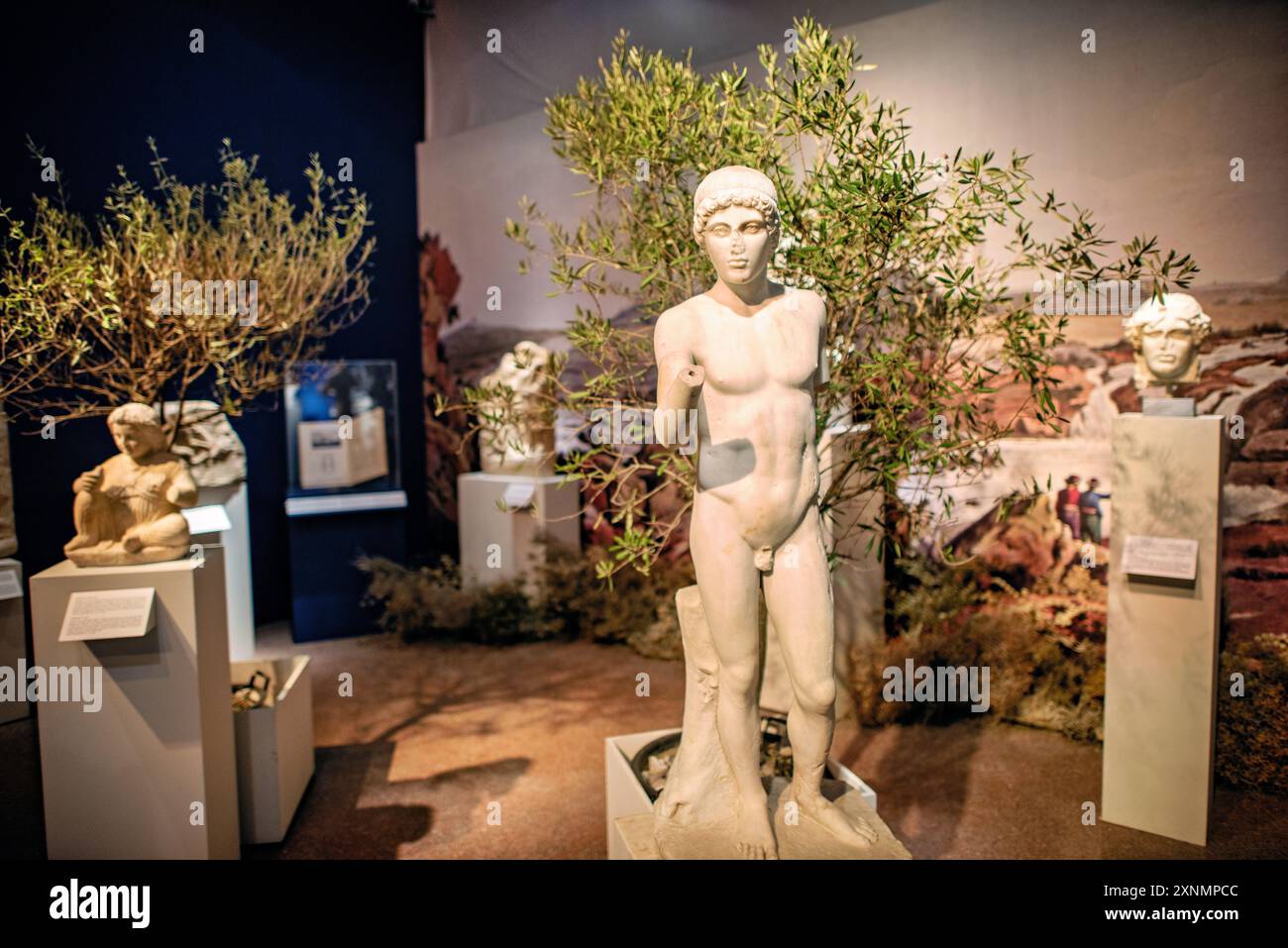 Museo Archeologico Nazionale Scultura greca Atene Grecia // ATENE, Grecia — il Museo Archeologico Nazionale di Atene ospita una vasta gamma di sculture e statue, che rappresentano alcuni dei migliori esempi di arte greca antica. La collezione del museo copre diversi periodi storici, tra cui l'era arcaica, classica ed ellenistica, che mostrano l'evoluzione della scultura greca nel corso dei secoli. I visitatori possono ammirare opere iconiche come l'Afrodite di Arles e le statue di Kouros, che riflettono l'eccellenza artistica e il patrimonio culturale dell'antica Grecia. Foto Stock