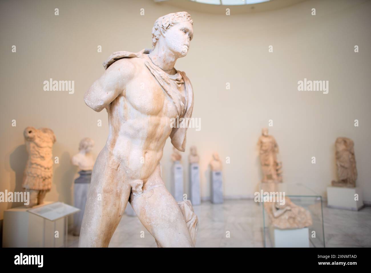 Museo Archeologico Nazionale Scultura Atene Grecia // ATENE, Grecia — il Museo Archeologico Nazionale di Atene ospita una vasta gamma di sculture e statue, che rappresentano alcuni dei più bei esempi di arte greca antica. La collezione del museo copre diversi periodi storici, tra cui l'era arcaica, classica ed ellenistica, che mostrano l'evoluzione della scultura greca nel corso dei secoli. I visitatori possono ammirare opere iconiche come l'Afrodite di Arles e le statue di Kouros, che riflettono l'eccellenza artistica e il patrimonio culturale dell'antica Grecia. Foto Stock