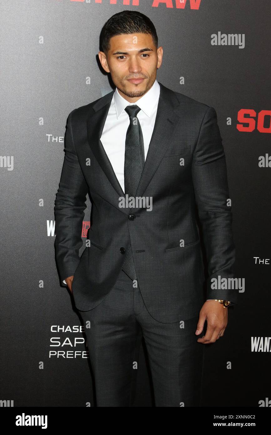 Miguel Gomez partecipa alla prima di "Southpaw" all'AMC Lincoln Square di New York. Foto Stock