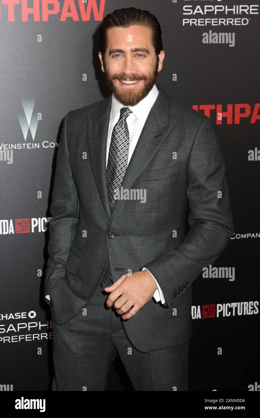 Jake Gyllenhaal partecipa alla prima di "Southpaw" all'AMC Lincoln Square di New York. Foto Stock