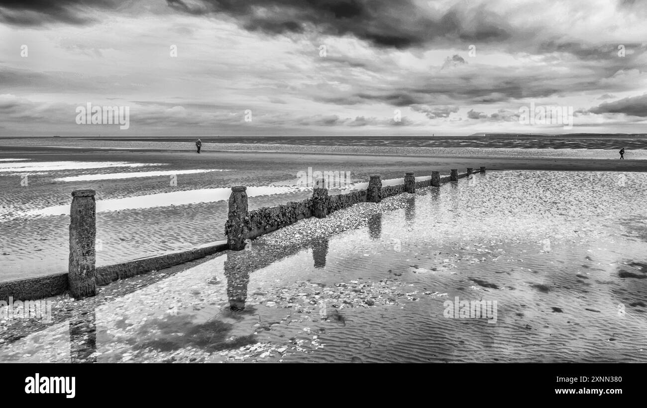 West Wittering Beach Groynes in bianco e nero contro un cielo spietato Foto Stock