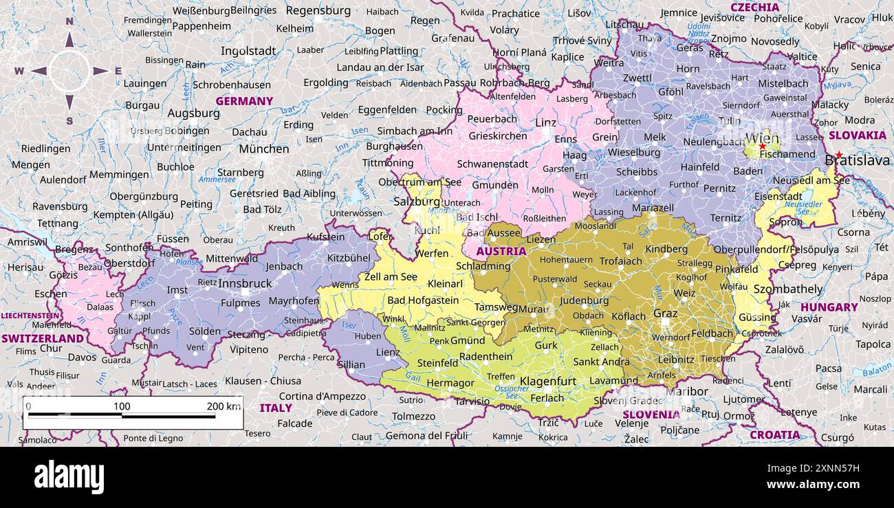 Mappa politica dettagliata dell'Austria Illustrazione Vettoriale