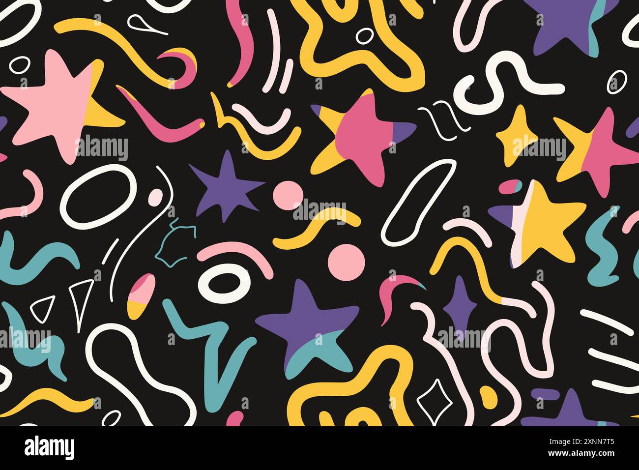 Il divertimento per il Web crea un modello perfetto per i bambini. Motivi geometrici spaziali al neon, colori vivaci, fantasia di cartoni animati anni '90. Illustrazione vettoriale su BL Illustrazione Vettoriale