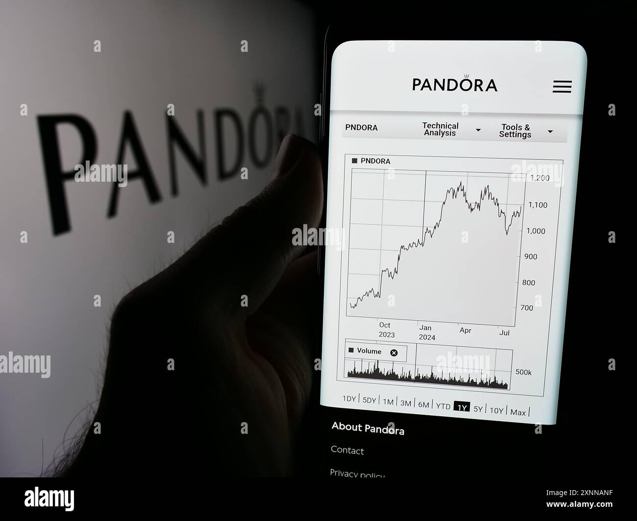 Persona che detiene un cellulare con il sito web della società danese di gioielli Pandora AS di fronte al logo aziendale. Messa a fuoco al centro del display del telefono. Foto Stock