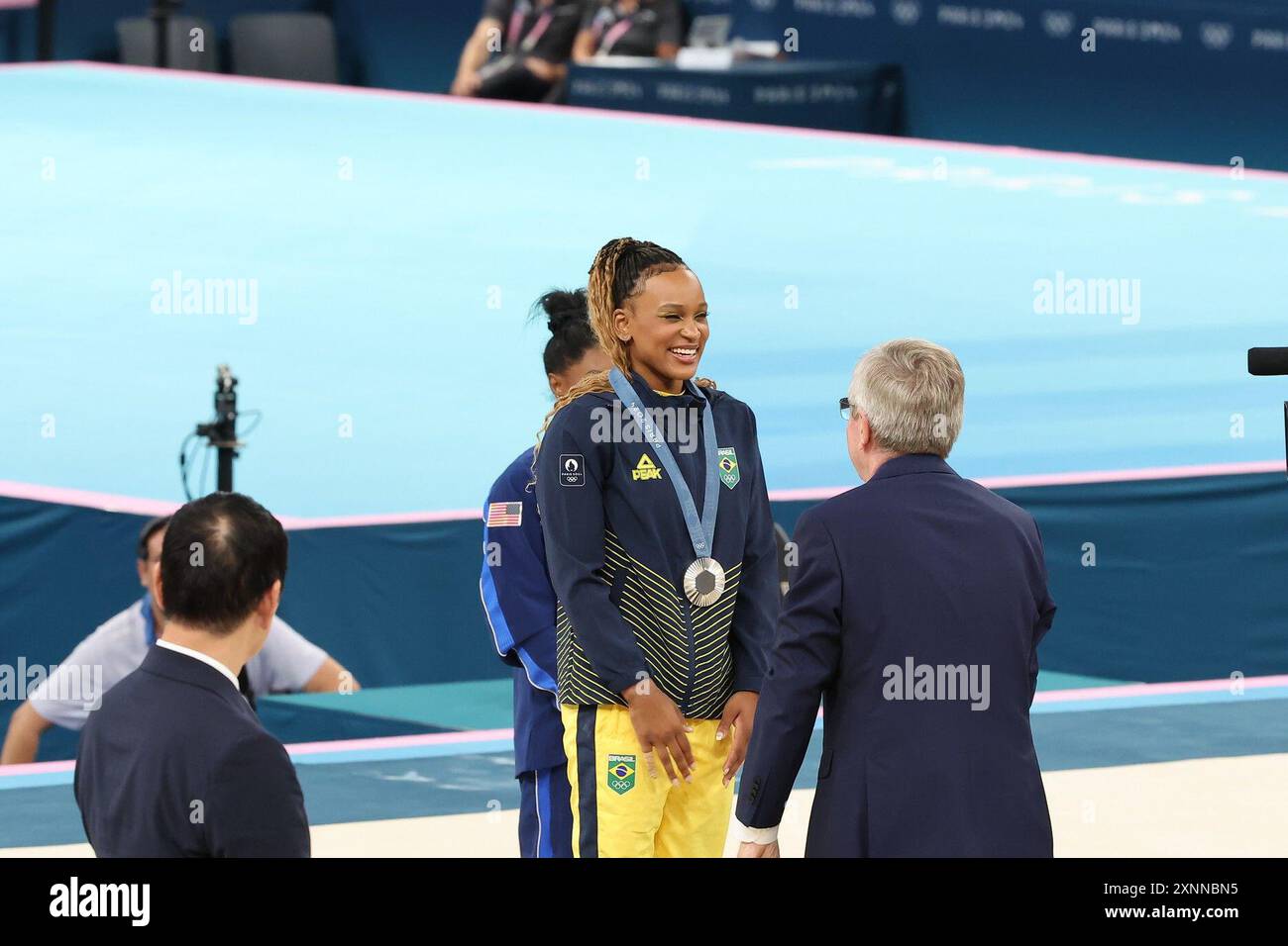 Parigi, Ile de France, Francia. 1 agosto 2024. Olimpiadi di Parigi 2024: Ginnastica artistica . Simone Biles USA, Andrade Rebeca (Brasile e Lee Sunisa hanno ottenuto rispettivamente oro, argento e bronzo (Credit Image: © Seshadri Sukumar/ZUMA Press Wire) SOLO PER USO EDITORIALE! Non per USO commerciale! Foto Stock