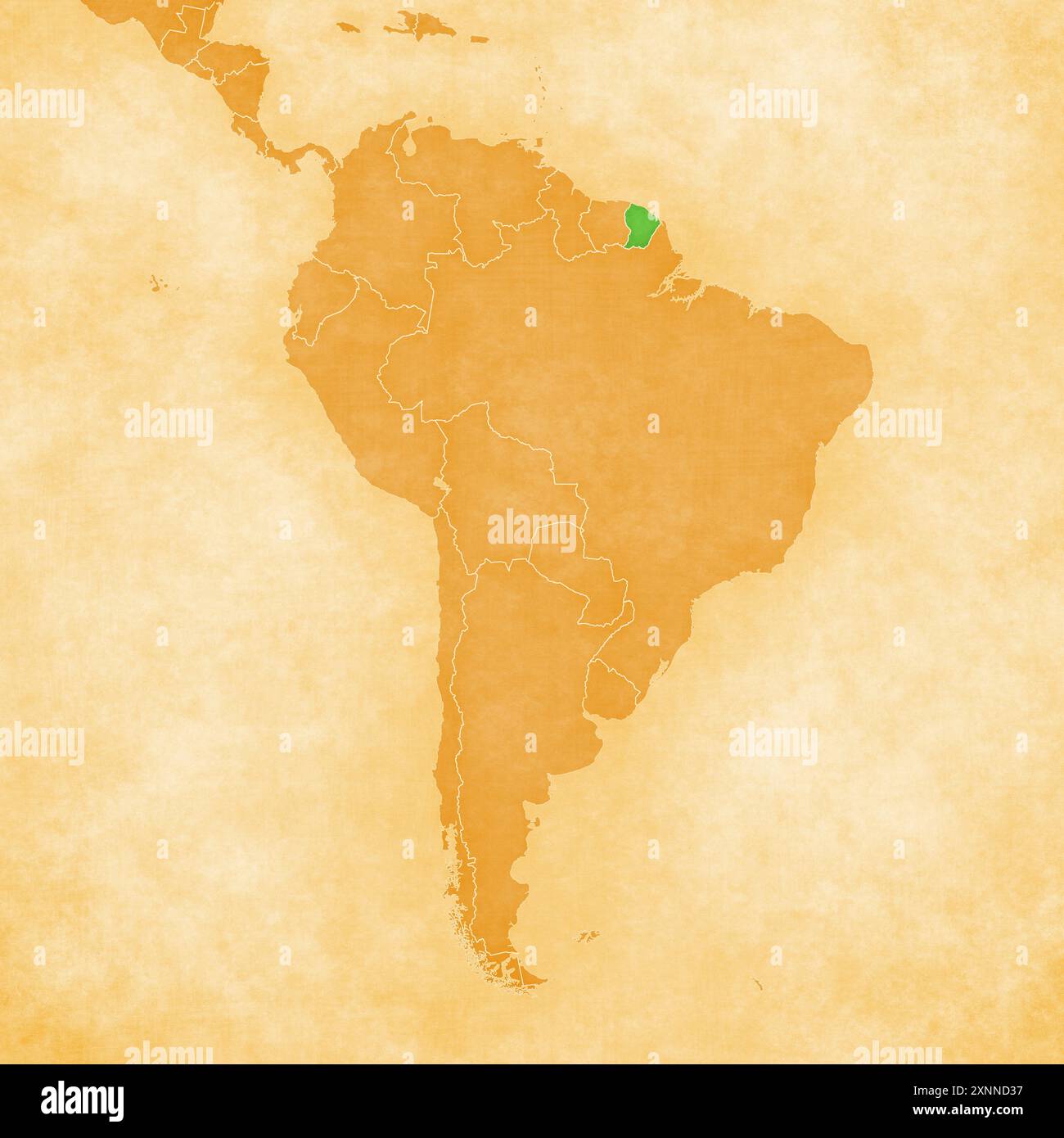 Guyana francese su una mappa retro ocra del Sud America su carta d'epoca. Foto Stock