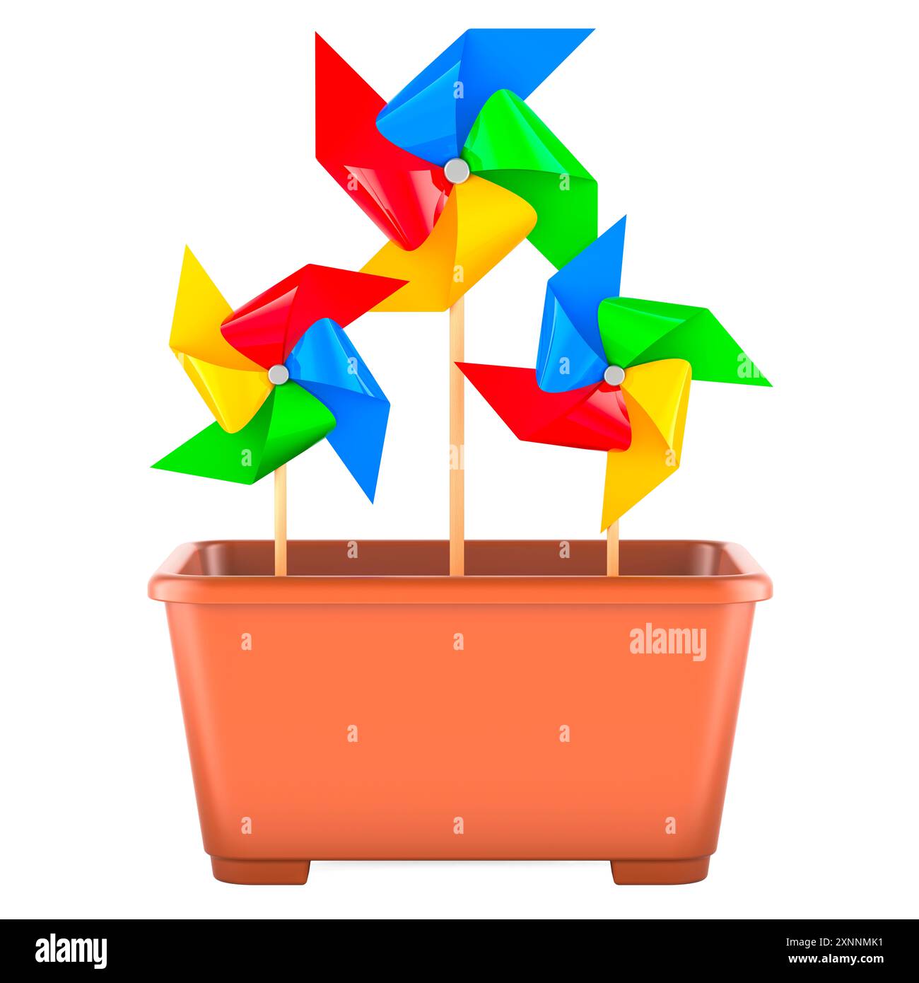 Ruote in vaso di fiori, rendering 3D isolato su sfondo bianco Foto Stock