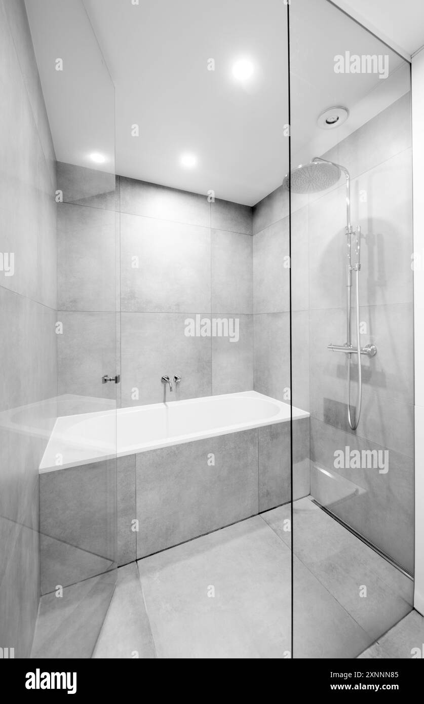 Bagno luminoso, elegante, moderno e minimalista. Design interno della doccia e della vasca. Pareti piastrelle grigie, vetro. Luce LED. Foto Stock