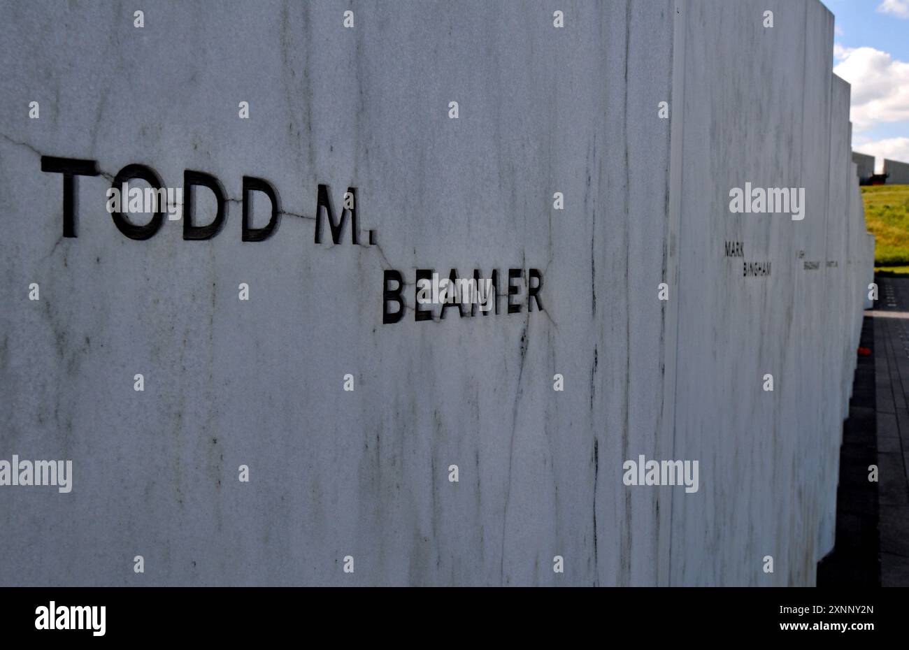 Il passeggero Todd Beamer è onorato con altre vittime sulla Wall of Names al Flight 93 National Memorial nella campagna della Pennsylvania. Foto Stock