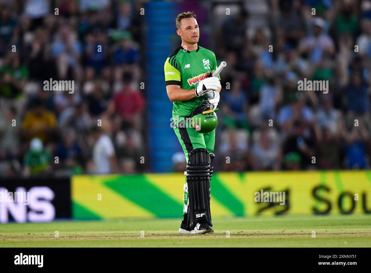 Southampton, Regno Unito. 1° agosto 2024. Laurie Evans di Southern Brave durante il Hundred Men's Match tra Southern Brave e Manchester Originals all'Utilita Bowl. Crediti: Dave Vokes/Alamy Live News Foto Stock