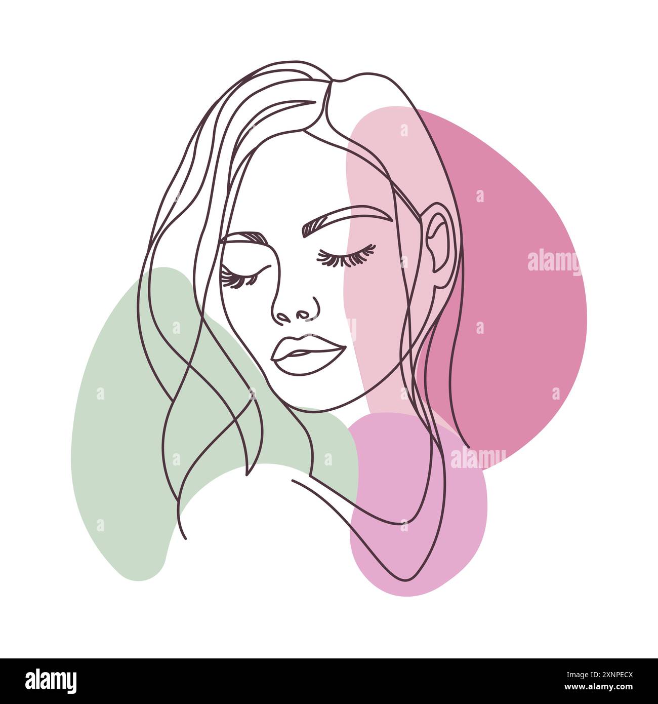 Disegno estetico Beautiful Girl Face disegnato a mano in stile Line Art con colore di riempimento viola verde Illustrazione Vettoriale