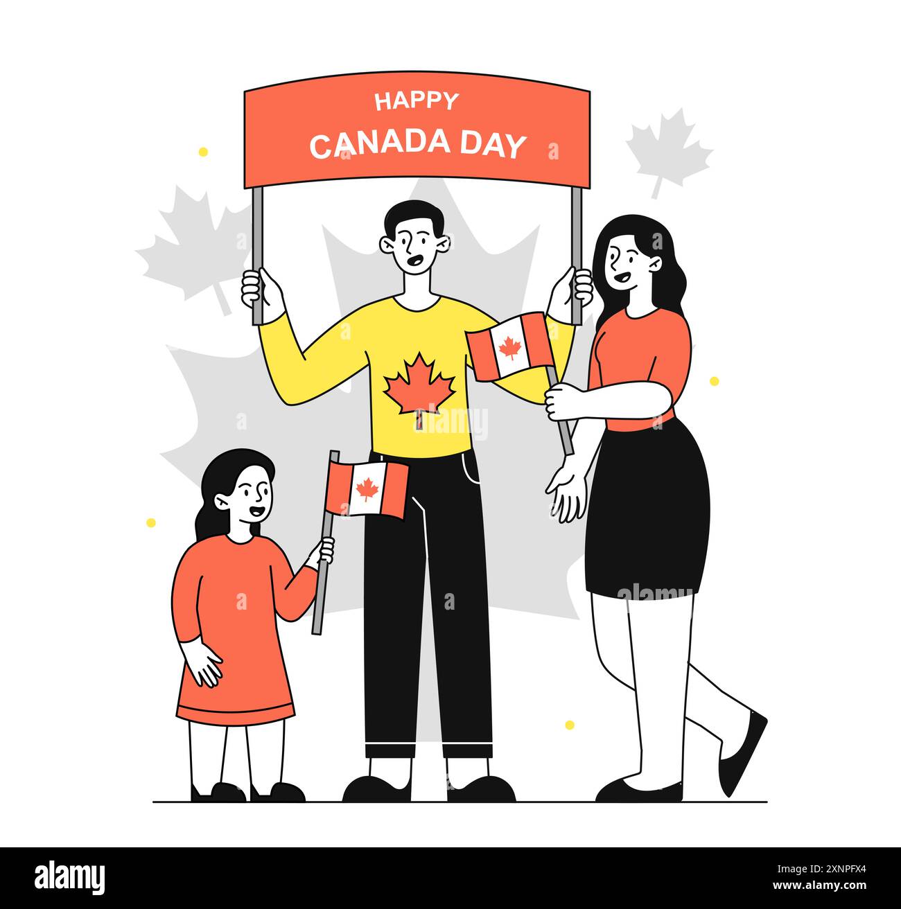 Buon giorno del Canada. Famiglia con bandiere e foglie d'acero. Festività e festival tradizionali 1° luglio. Libertà e indipendenza. Storia canadese. Vettore lineare Illustrazione Vettoriale