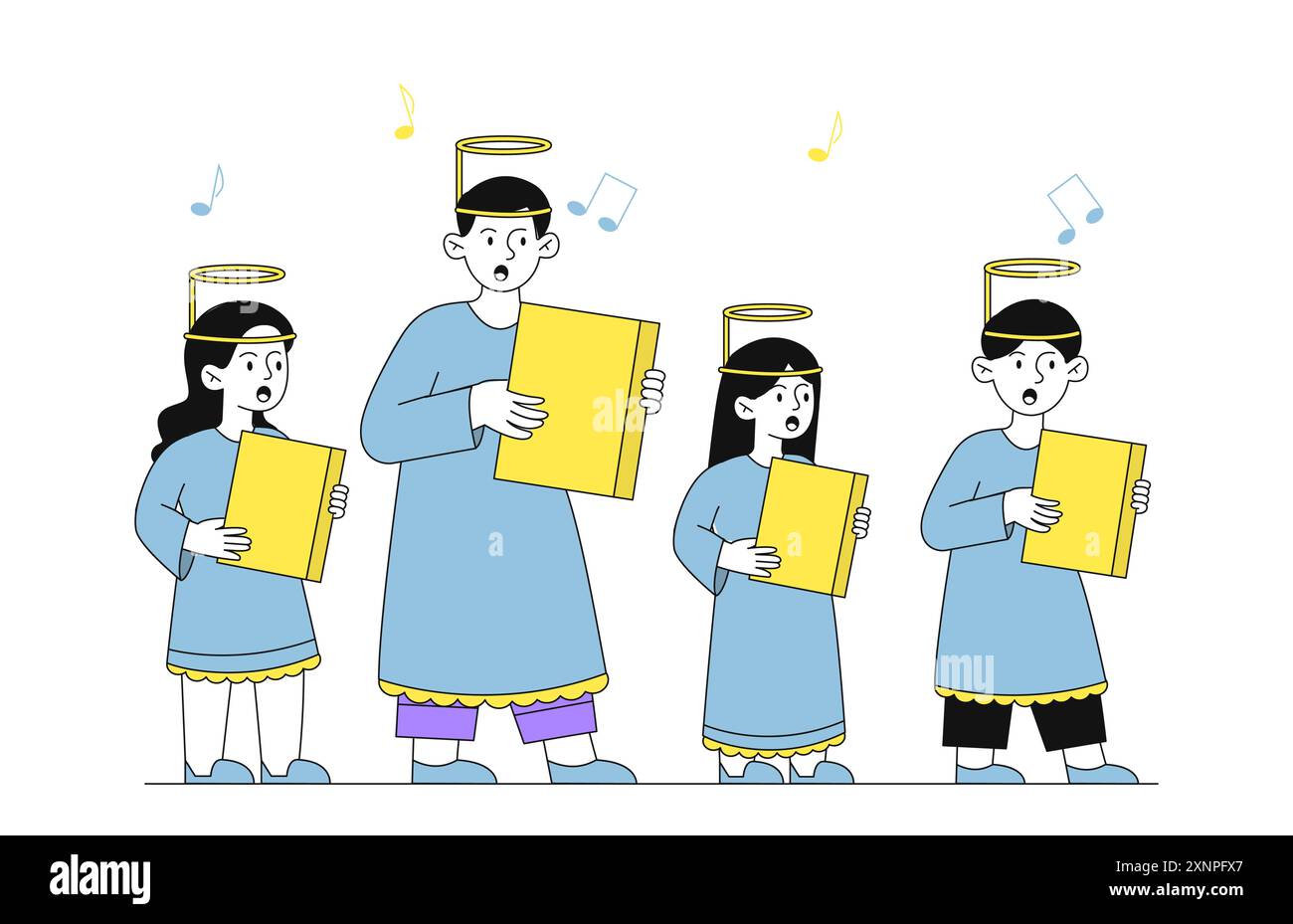 Concetto di coro per bambini. Ragazzi e ragazze in costume da angelo con spartiti in mano cantano. Sviluppo delle capacità creative dei bambini. Prestazioni su Illustrazione Vettoriale