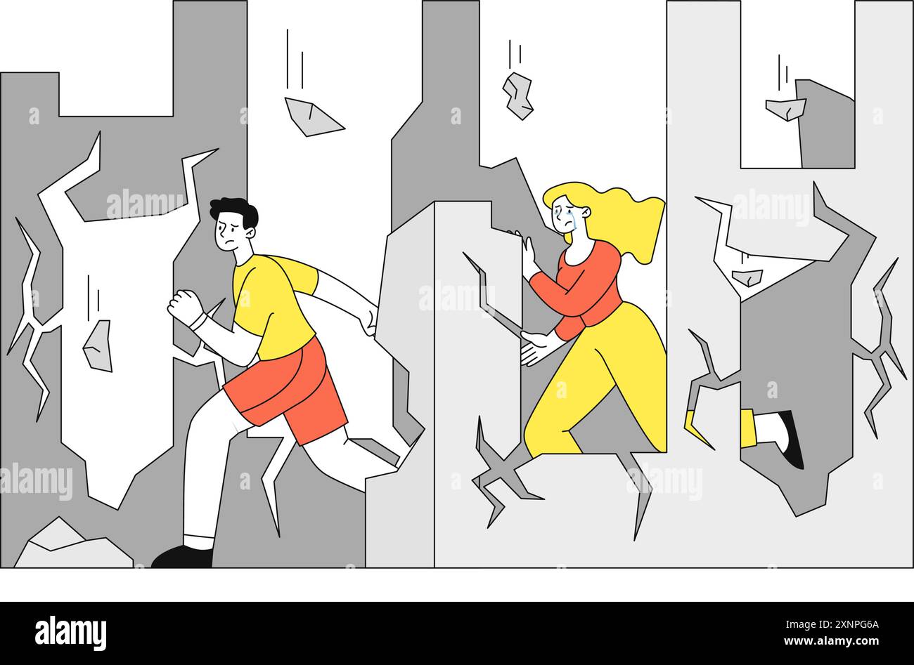 Persone con terremoto. Uomo e donna fuggono dal crollo dell'edificio. Emergenza, incidente e disastro, cataclisma. Distruzione e demolizione di case Illustrazione Vettoriale