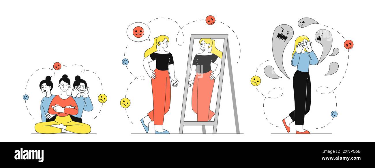 Serie di disturbi mentali. Donna con problemi psicologici. Schizofrenia, paranoia, anoressia e personalità divisa. Frustrazione e depressione Illustrazione Vettoriale