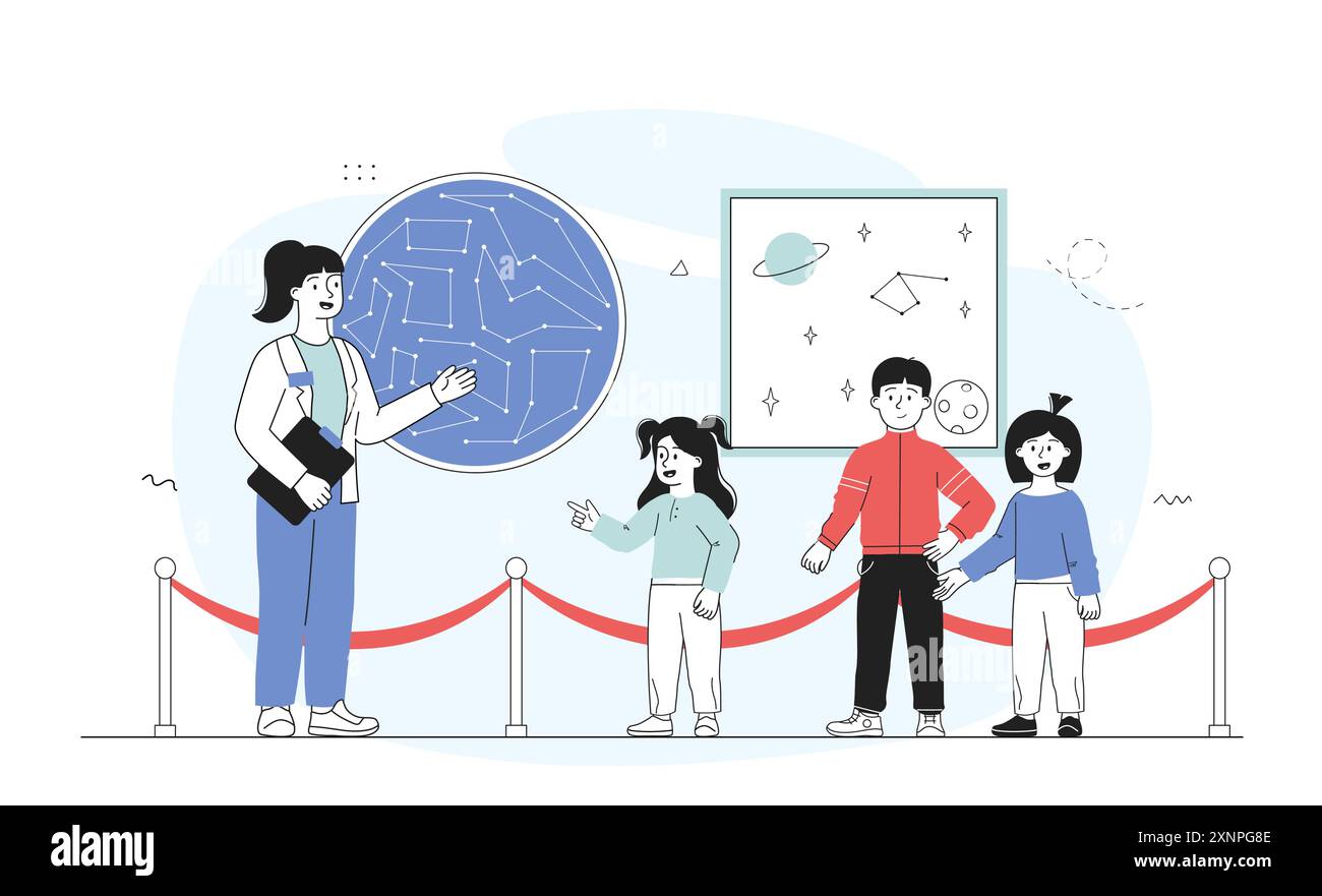 Bambini al planetario. La donna mostra costellazioni a ragazzi e ragazze. Guida con i bambini in galleria o in mostra. Astrologia e astronomia. Vettore lineare Illustrazione Vettoriale