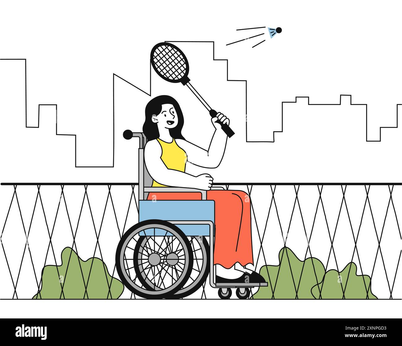 Donna in sedia a rotelle che gioca a tennis. La giovane ragazza con disabilità colpisce la palla da tennis con la racchetta. Stile di vita attivo e sport. Hobby e tempo libero. Lineare Illustrazione Vettoriale