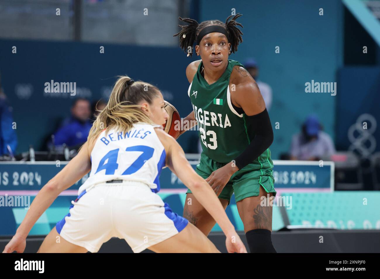 Ezinne Kalu (Nigeria), Basket, Women&#39;S fase gruppo - gruppo B tra Francia e Nigeria durante i Giochi Olimpici di Parigi 2024 il 1° agosto 2024 allo stadio Pierre Mauroy di Villeneuve-d&#39;Ascq vicino a Lille, Francia crediti: Independent Photo Agency/Alamy Live News Foto Stock