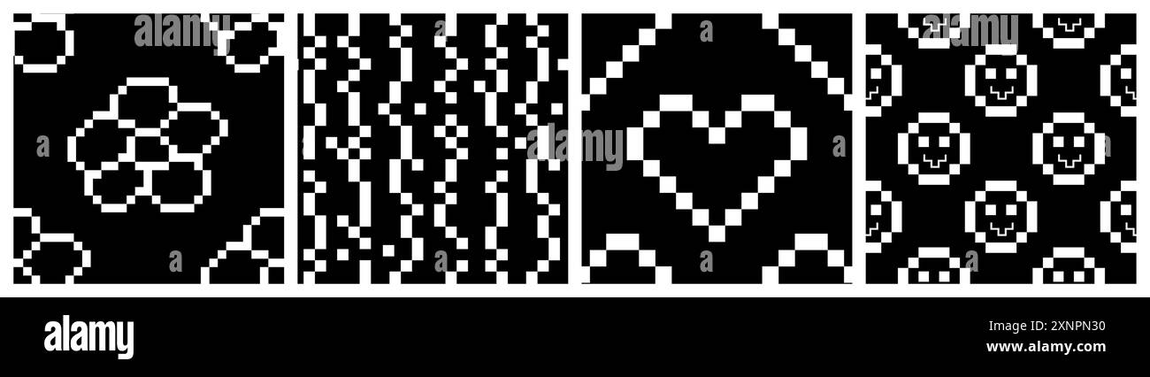 Set di pattern senza cuciture retro pixel Y2K. arte giocosa alla moda degli anni '90. Pixelated Hearts, Smiley, daisy in bianco e nero. grafica pixel art a 8 bit, illustrazione vettoriale. Forma geometrica semplice ingenua. Illustrazione Vettoriale