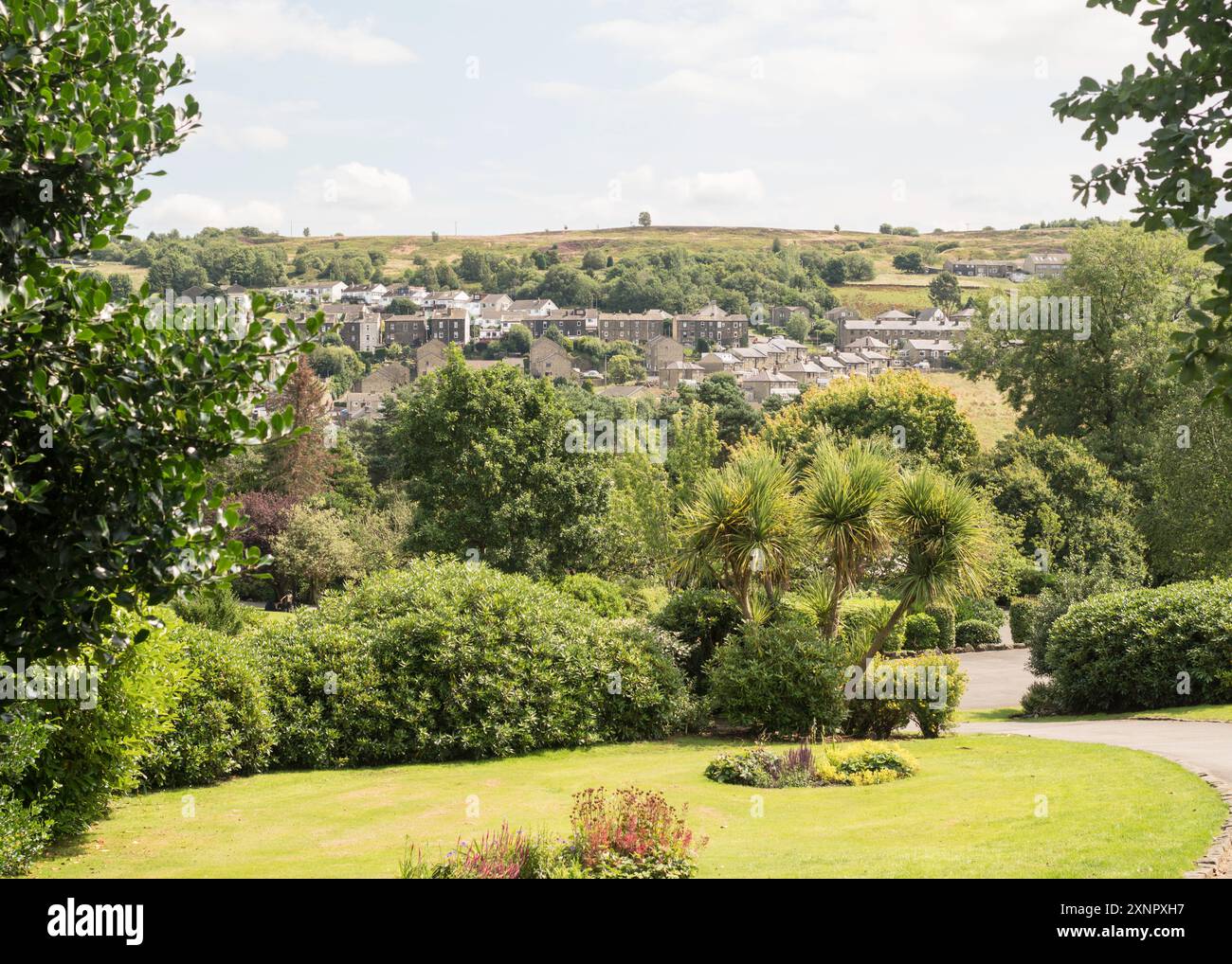 Vista a est da Howarth Central Park, Yorkshire, Inghilterra, Regno Unito Foto Stock