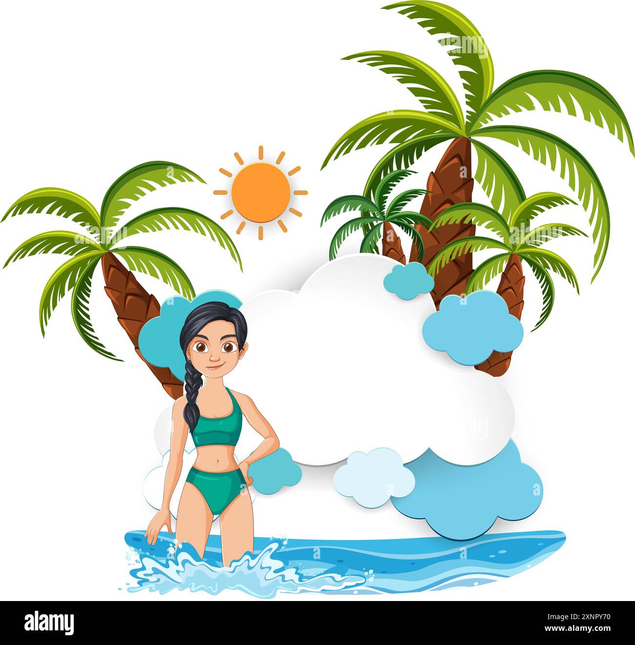 Donna che si gode la spiaggia sotto le palme Illustrazione Vettoriale