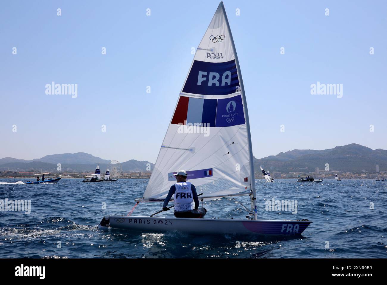 Marsiglia, Francia. 1 agosto 2024. Jean-Baptiste Bernaz (fra) gareggia nell'ILCA 7 maschile di vela durante i Giochi Olimpici di Parigi 2024, al rade de Marseille, a Marsiglia, in Francia, il 1 agosto 2024. Foto di Patrick Aventurier/ABACAPRESS. COM credito: Abaca Press/Alamy Live News Foto Stock