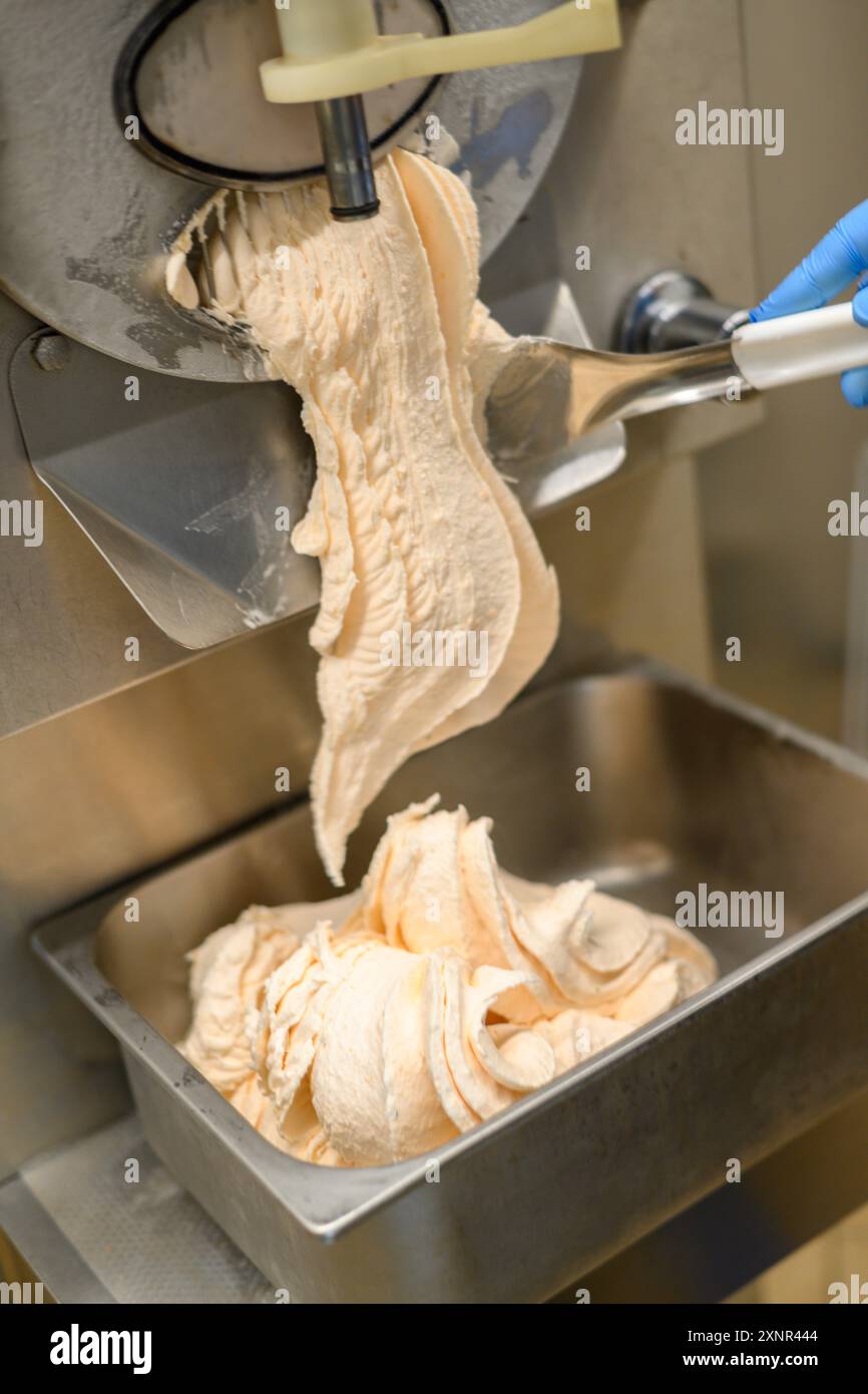 Primo piano di una macchina per il gelato che distribuisce gelato cremoso in un contenitore metallico. Il gelato ha una consistenza liscia ed è di colore chiaro, mostrando il Foto Stock