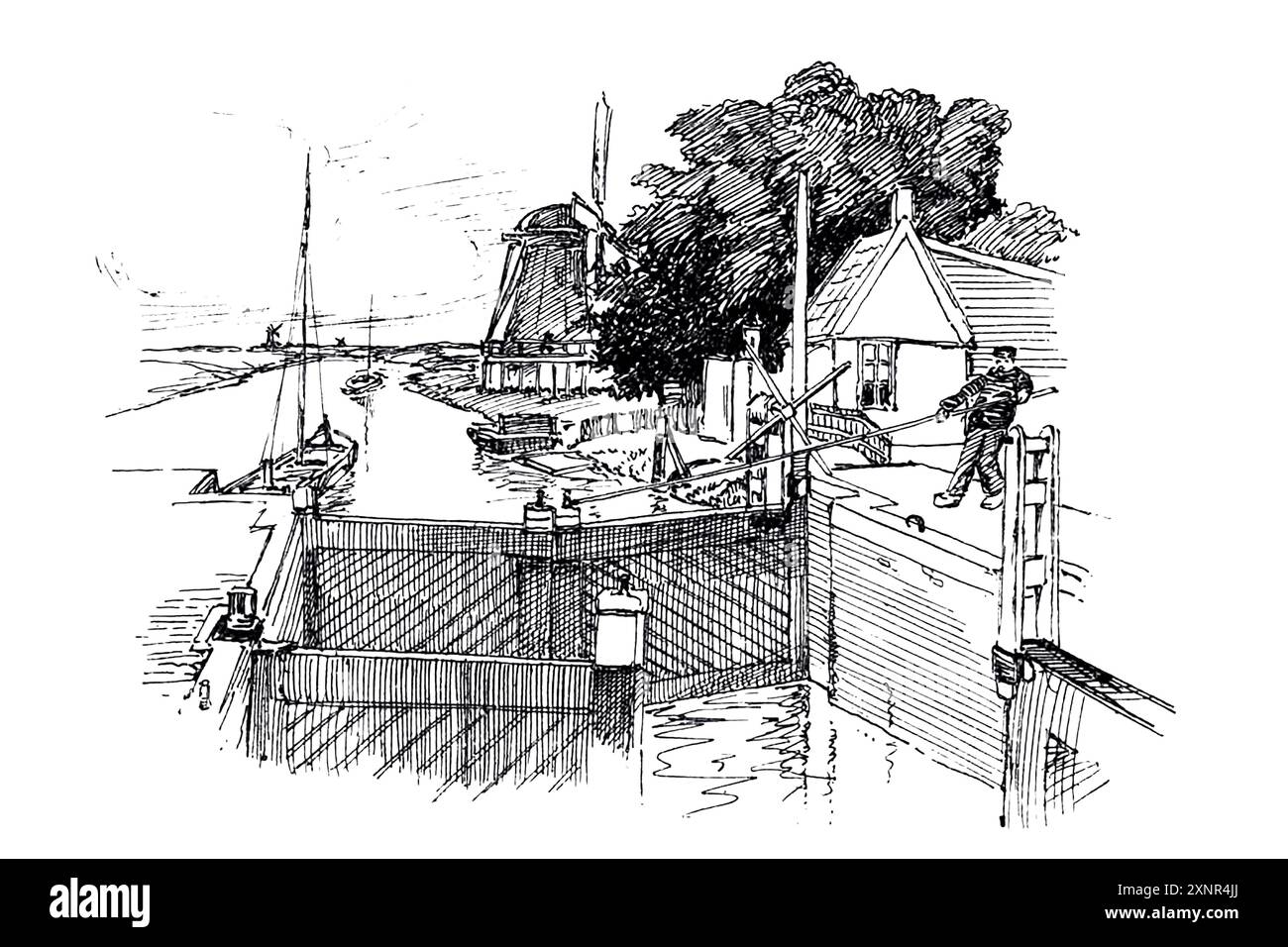 canal lock e mulini a vento illustrazione in bianco e nero dalla serie THE PEOPLE OF HOLLAND di Nico Jungman Nicolaas Wilhelm Jungmann (in Inghilterra spesso scritto Jungman; 5 febbraio 1872 – 14 agosto 1935) è stato un pittore anglo-olandese di paesaggi e soggetti figurativi, illustratore di libri e decoratore. Pubblicato nel 1910 Foto Stock