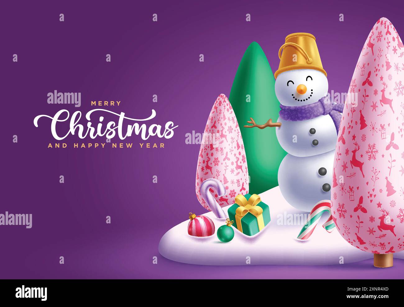 Design vettoriale personaggio pupazzo di neve natalizio. Allegri chirtsmas e felice testo di saluto di Capodanno con carattere pupazzo di neve ed elementi stampati di pino Illustrazione Vettoriale