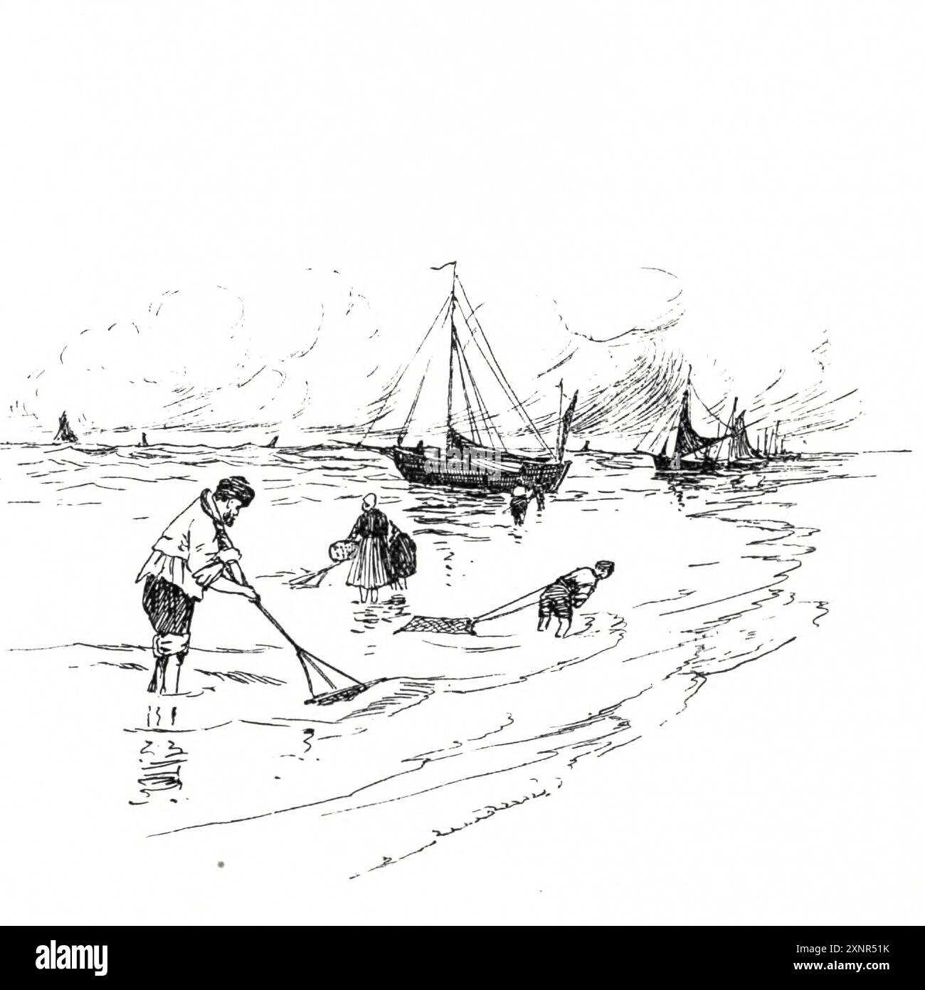 Pesca di gamberetti illustrazione in bianco e nero dalla serie " THE PEOPLE OF HOLLAND " di Nico Jungman Nicolaas Wilhelm Jungmann (in Inghilterra spesso scritto Jungman; 5 febbraio 1872 – 14 agosto 1935) è stato un pittore anglo-olandese di paesaggi e soggetti figurativi, illustratore di libri e decoratore. Pubblicato nel 1910 Foto Stock