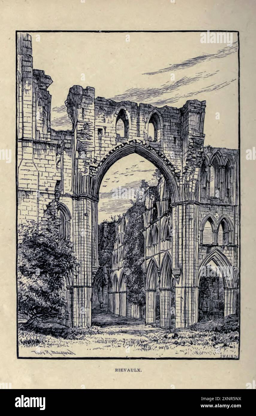 Rievaulx Abbey Illustration di Thomas R. Macquoid Thomas Robert Macquoid (1820-1912) è stato un artista prolifico il cui lavoro includeva pittura ad olio e acquerello, illustrazione di libri e disegni per copertine di libri. Nato a Brompton, Londra, ha vissuto tutta la sua vita nella capitale testo di Katherine Macquoid pubblicato nel 1894 Foto Stock