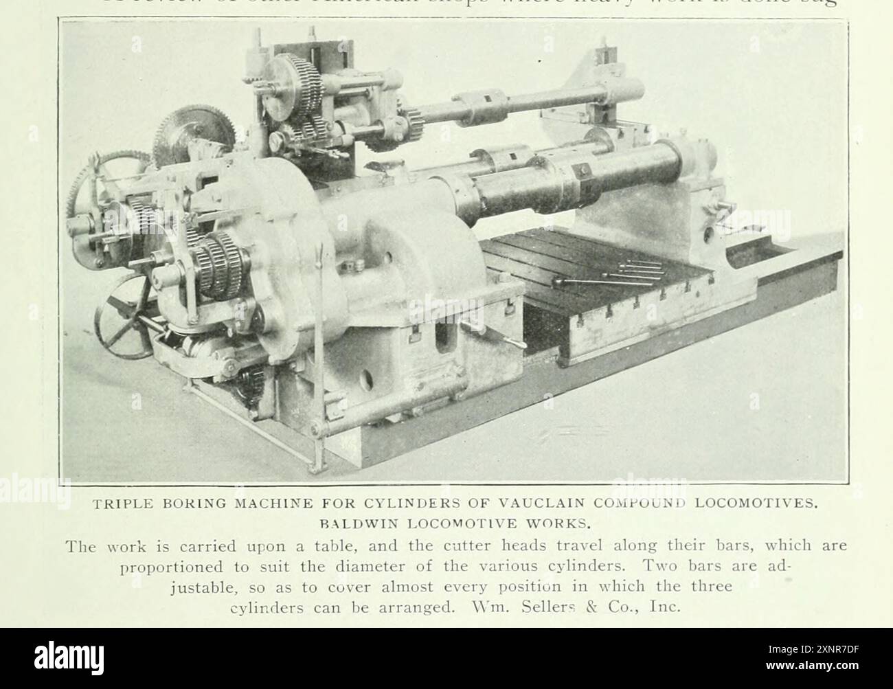 TRIPLO ALESATORE PER CILINDRI DI LOCOMOTIVE COMPOSTE VAUCLAIN. LA BALDWIN LOCOMOTIVA FUNZIONA. Dall'articolo LA RIVOLUZIONE NELLA PRATICA DELLE OFFICINE MECCANICHE. Di Henry Roland. PARTE V. APPLICAZIONE DELLA PRODUZIONE MECCANICA AUTOMATICA AI LAVORI PESANTI. Dalla rivista Engineering dedicata al progresso industriale volume XVIII 1899-1900 The Engineering Magazine Co Foto Stock