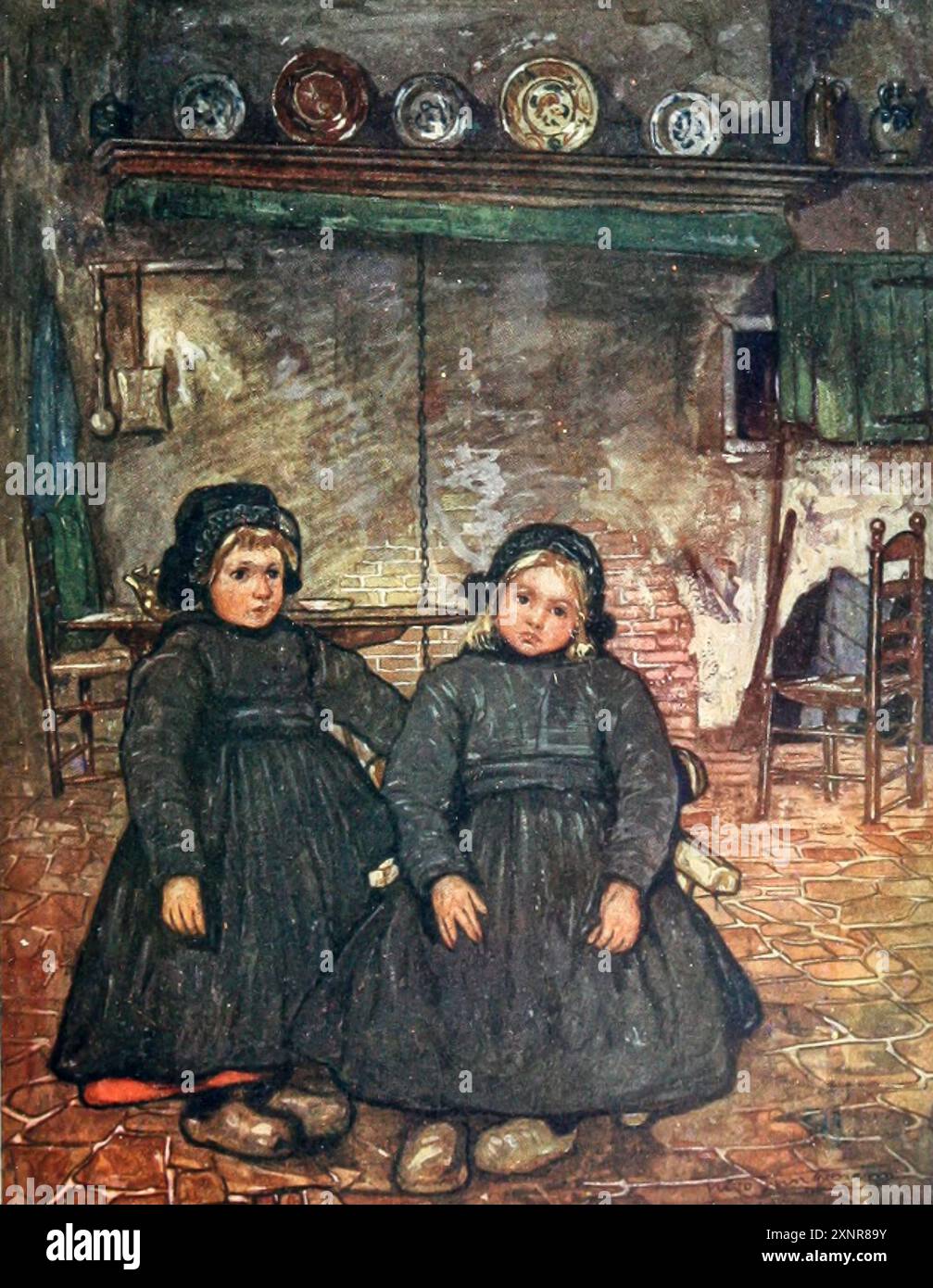 Figli di Elspeet i piccoli ragazzi e le bambine del villaggio sono vestiti allo stesso modo, ad eccezione del cofano, dove una leggera differenza è visibile illustrazione a colori della serie " Holland " di Nico Jungman Nicolaas Wilhelm Jungmann (in Inghilterra spesso scritto Jungman; 5 febbraio 1872 – 14 agosto 1935) è stato un pittore anglo-olandese di paesaggi e soggetti figurali, illustratore di libri e decoratore. Pubblicato nel 1913 Foto Stock