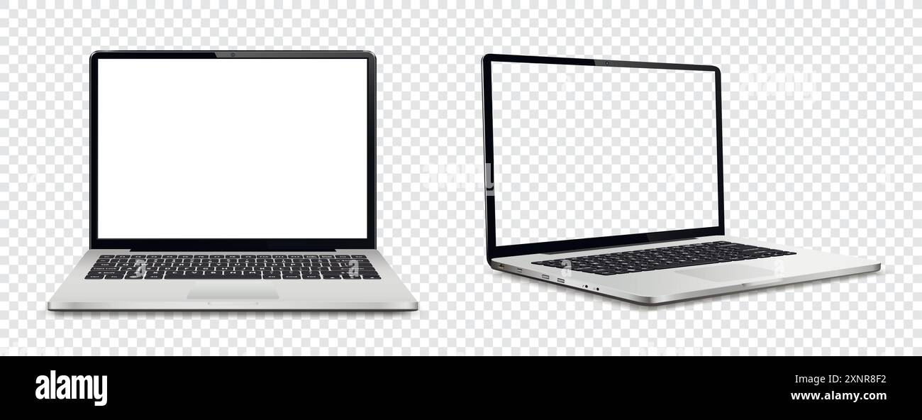 Mockup di computer portatile. Vista frontale e laterale con schermo bianco e vuoto su sfondo trasparente. Illustrazione vettoriale. Illustrazione Vettoriale
