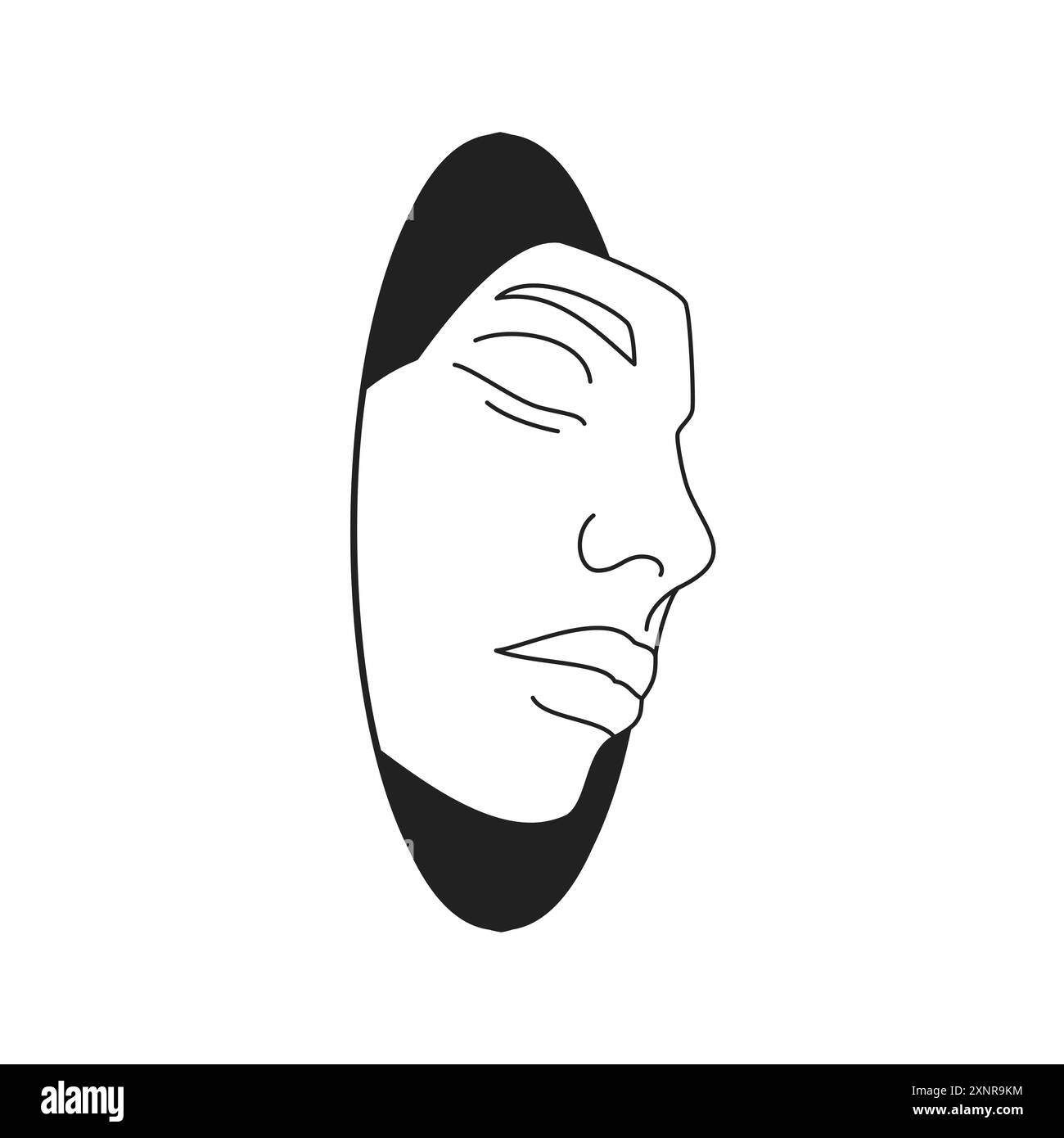Strana maschera umana fuori dal buco nero Y2K comico contorno monocromatico icona vettoriale illustrazione piatta. Persona rave hype testa maschile futuristica cyber imagin Illustrazione Vettoriale