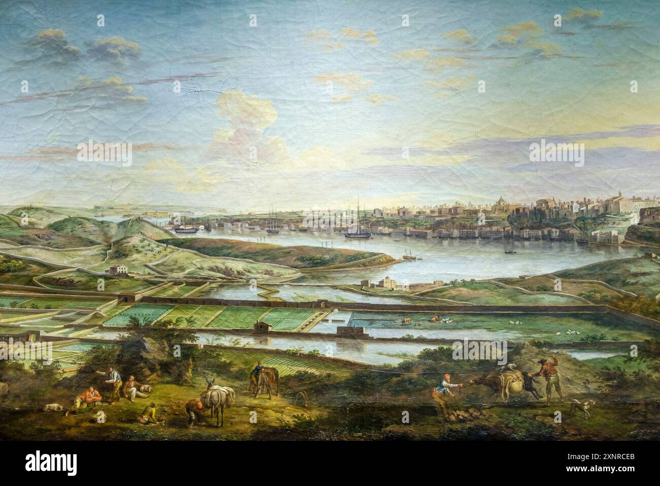 Porto di Mahon nel XIX secolo, olio di Anton Schranz, Museo militare di Minorca, vecchia caserma di Cala Corb, piazza centrale di es Castell, costruita da t Foto Stock