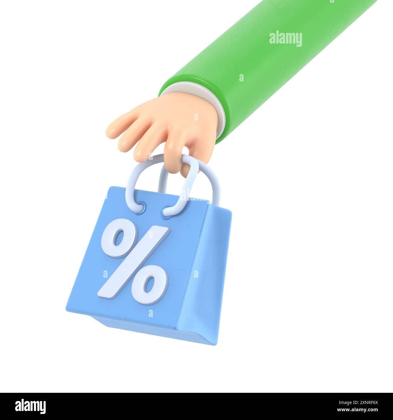 Icona del movimento cartoni animati Mockup.3d saldi,icona della borsa della spesa con la mano. Concetto di sconto, rendering 3D su sfondo bianco. Foto Stock