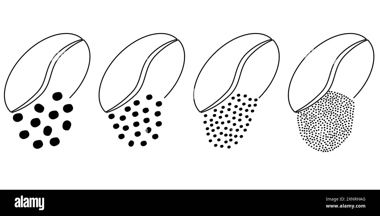 Pittogramma dei chicchi di caffè tostati con cartoni animati. Macinatura in chicchi di caffè, tabella delle dimensioni grani. Per tazza o tazza. Per il caffè. Avanzamento approssimativo, medio o fine Illustrazione Vettoriale