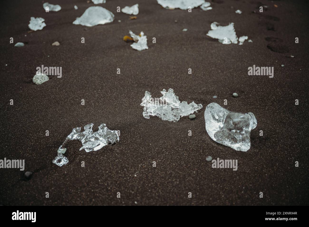 Ghiaccio su sabbia nera a Diamond Beach, Islanda, vista ravvicinata Foto Stock