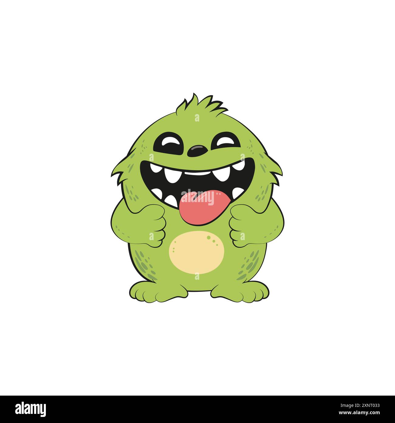 Carino, felice, piccolo divertente mostro verde. Illustrazione vettoriale per maglietta, sito Web, stampa, clip art, poster e stampa su richiesta. Illustrazione Vettoriale