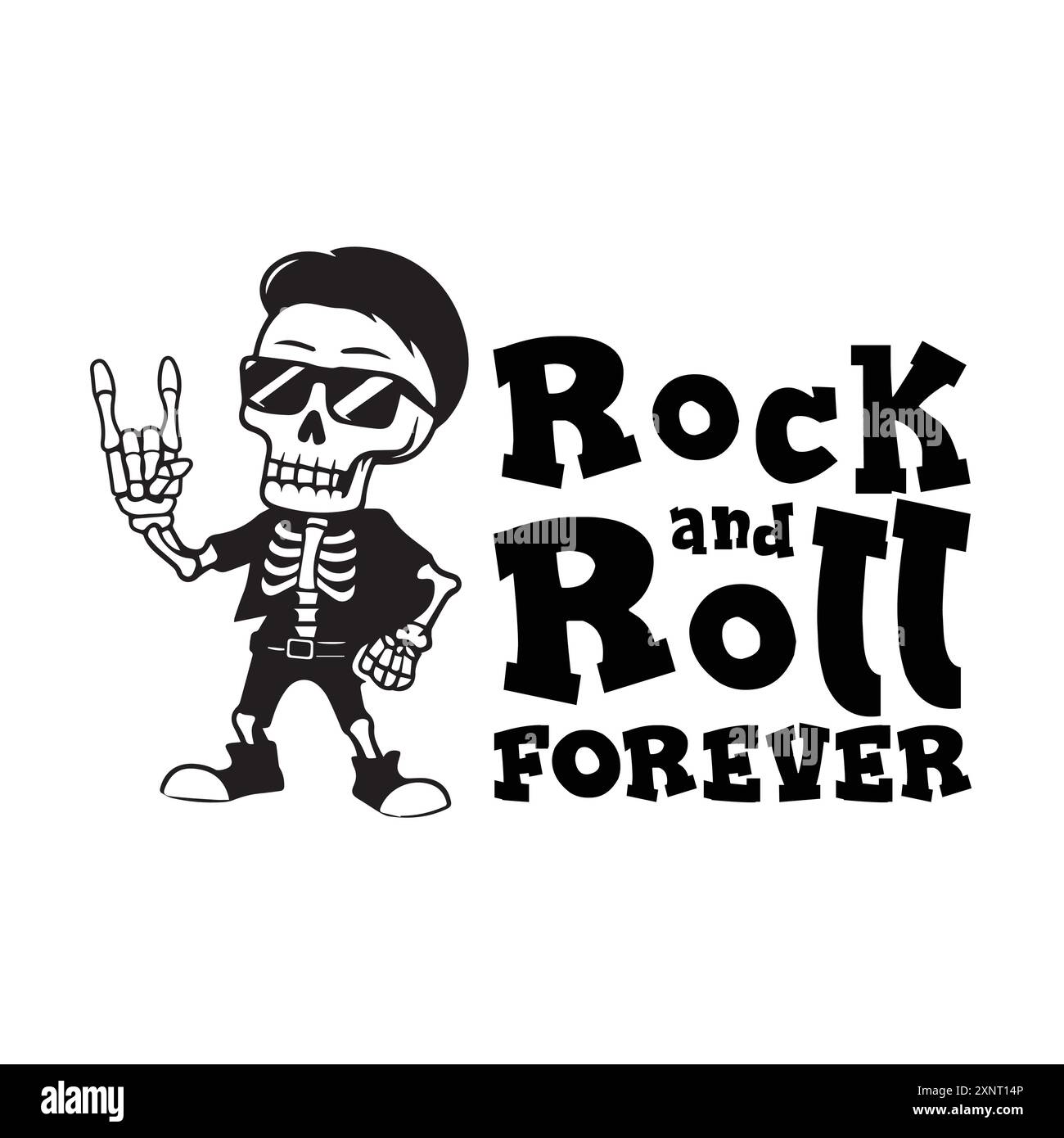Scheletro carino e fresco con occhiali da sole che mostrano il simbolo della mano rock con una divertente citazione rock and roll per sempre. Illustrazione vettoriale per il merch tshirt POD Illustrazione Vettoriale