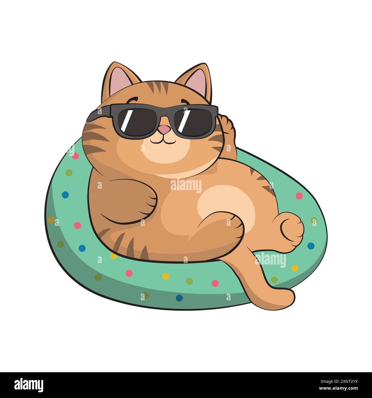 Gatto grasso fresco con occhiali da sole che si raffreddano. Divertente illustrazione vettoriale per maglietta, sito Web, clip art, poster e stampa su richiesta. Illustrazione Vettoriale